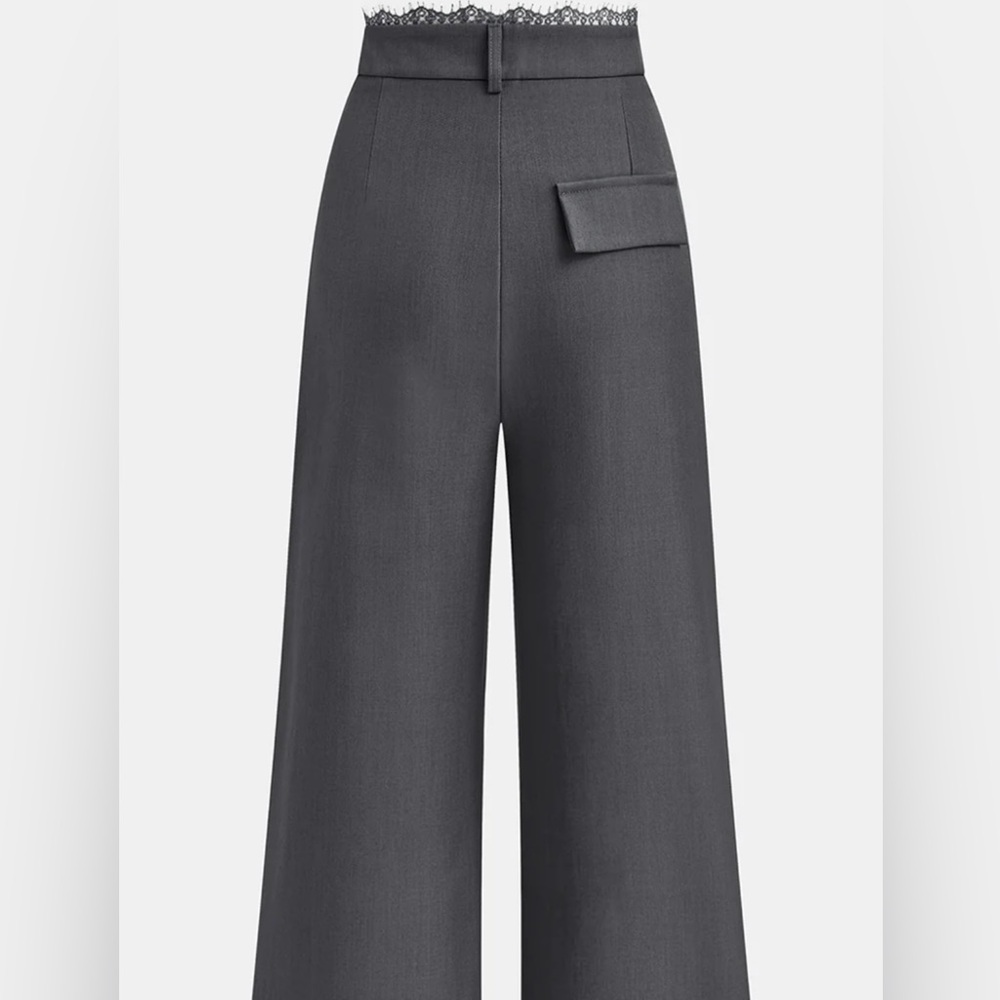 Commense High Waist Lace Trim Elegant Gray Wide-Leg Pants - Picture 3 of 6